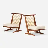 Conoid Cushion chairs, pair by Mira Nakashima, 2004, American black walnut, hickory, webbing, upholstery, sold May 2024