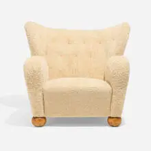 Märta Blomstedt, Lounge chair from Hotel Aulanko, Hämeenlinna, 1939, sheepskin upholstery, birch