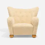 Märta Blomstedt, Lounge chair from Hotel Aulanko, Hämeenlinna, 1939, sheepskin upholstery, birch