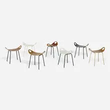 Olavi Kettunen, Stools model 702, set of seven, c. 1955, molded mahogany plywood, lacquered molded plywood, painted steel