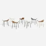 Olavi Kettunen, Stools model 702, set of seven, c. 1955, molded mahogany plywood, lacquered molded plywood, painted steel