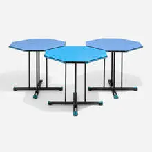 Yrjö Kukkapuro, Visual occasional tables, set of three, c. 1985, laminate, lacquered steel, rubber, plastic