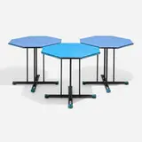 Yrjö Kukkapuro, Visual occasional tables, set of three, c. 1985, laminate, lacquered steel, rubber, plastic