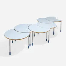 attribution Yrjö Kukkapuro, Modular tables, set of six, c. 1980, laminate over plywood, chrome-plated steel, birch, rubber