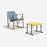Yrjö Kukkapuro, A509 rocking chair and A500 stool, c. 1980, 1985, suede upholstery, birch plywood, enameled and chrome-plated steel