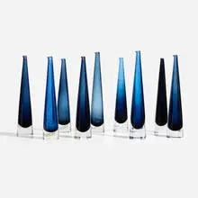 Timo Sarpaneva, Jääpuikko decanters, set of nine, 1958, glass