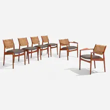 Arne Vodder, Dining chairs model 51, set of six, c. 1950, teak, cane, leather
