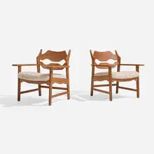 Henning Kjaernulf, Lounge chairs, pair, c. 1965, sheepskin, oak