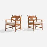 Henning Kjaernulf, Lounge chairs, pair, c. 1965, sheepskin, oak