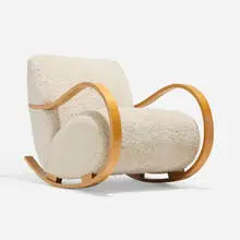 Rocking chair by Gemla Fabrikers Ab, c. 1950, sheepskin, elm, sold Nov 2025