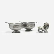 Anna Petrus, Lion sculpture and bowls, pair, 1928-1956, pewter, tin