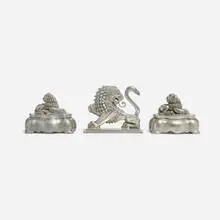 Anna Petrus, Lion bookend and inkwells, pair, c. 1930-32, pewter, glass