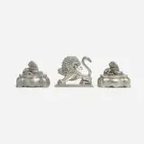 Anna Petrus, Lion bookend and inkwells, pair, c. 1930-32, pewter, glass