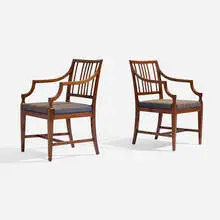 Armchairs, pair by Frits Henningsen, c. 1945, mahogany, horse hair upholstery, sold Nov 2025