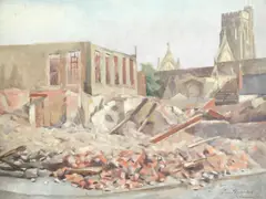 Bomb damage St Mary's Square, Swansea by Ernest Neuschul, oil on board, sold Apr 2018