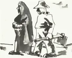 Josef Herman Ra, Going to work, pen and ink