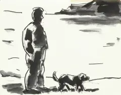 Josef Herman Ra, Man with dog by the sea, pen and ink