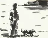 Josef Herman Ra, Man with dog by the sea, pen and ink