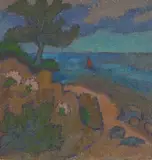 Karen Schacht, Achterwasserblick mit rotem Segel, Um 1947, Öl auf Leinwand, auf Karton aufgezogen