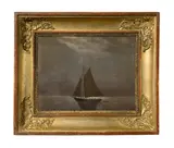 Dresden, um 1820 & 30, Segelboot im Mondschein, Öl auf Leinwand, auf Holz aufgezogen