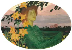 Fritz Erler, Frau mit Lilien, Um 1905, Öl auf Holz (im Oval)