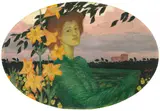 Fritz Erler, Frau mit Lilien, Um 1905, Öl auf Holz (im Oval)