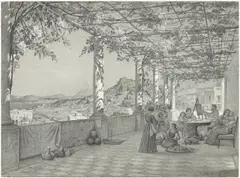 Max Albert Hauschild, Der Maler im Kreis seiner Familie auf der Terrasse der Villa Tagliaferro auf Ischia, 1853, Bleistift auf gestrichenem Papier, die Höhen gekratzt, auf Papier montiert
