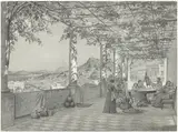 Max Albert Hauschild, Der Maler im Kreis seiner Familie auf der Terrasse der Villa Tagliaferro auf Ischia, 1853, Bleistift auf gestrichenem Papier, die Höhen gekratzt, auf Papier montiert