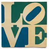 Robert Indiana, Chosen Love, c. 1995, Skein dyed hand-carved and hand-tufted archival New Zealand wool on stretched canvas with natural latex backing