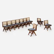 Dining chairs from Punjab University, Chandigarh, set of ten by Pierre Jeanneret, c. 1958-59, teak, cane, upholstery, sold May 2024