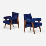 Advocate chairs for the High Court, Chandigarh, pair by Le Corbusier and Pierre Jeanneret, c. 1955-56, teak, pony hide, sold May 2024