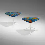Vladimir Kagan, Capricorn stools, pair, c. 1958, Jack Lenor Larsen Samarkand upholstery, enameled steel