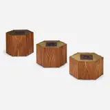 Phillip Lloyd Powell, Custom occasional tables, set of three, 1976, carved and sculpted walnut, gold and silver leaf over painted wood, found carved rosewood panels, glass, casters