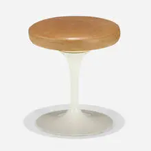 Tulip stool by Eero Saarinen, enameled aluminum, leather, sold Feb 2024
