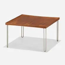 The Tray Table by Finn Juhl, 1965 / 2002, matte chrome-plated steel, teak, sold Feb 2024