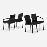 Mandarin chairs, set of four by Ettore Sottsass, enameled steel, leather, sold Feb 2024