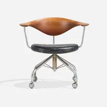 Hans J. Wegner, Swivel desk chair, 1955, teak, leather upholstery, matte chrome-plated steel