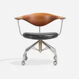 Swivel desk chair by Hans J. Wegner, 1955, teak, leather upholstery, matte chrome-plated steel, sold Nov 2025