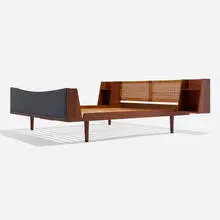 Full-size bed, model 701 by Hans J. Wegner, c. 1960, teak, cane, glass, vinyl, sold Nov 2025