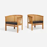 Rud Thygesen and Johnny Sørensen, Kongaserie armchairs, pair, c. 1985, maple, cane, leather