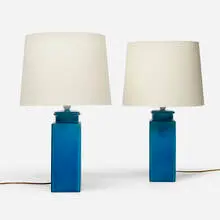 Nils Kähler, Table lamps, pair, c. 1965, glazed stoneware, linen shades