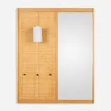 Fröseke Ab Nybrofabriken, Avantti illuminated wall mirror, c. 1965, oak, mirrored glass, cane, plastic, patinated brass