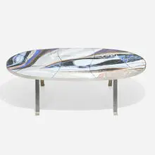 Bodil Eje, Coffee table, c. 1960, fire-enameled copper, stainless steel
