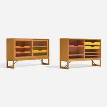 Cabinets, set of two by Børge Mogensen, c. 1955, oak, glass, lacquered wood, enameled steel, sold Nov 2025