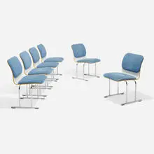 Yrjö Kukkapuro, Dining chairs, set of six, c. 1980, upholstery, painted plywood, chrome-plated steel, plastic