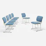 Yrjö Kukkapuro, Dining chairs, set of six, c. 1980, upholstery, painted plywood, chrome-plated steel, plastic