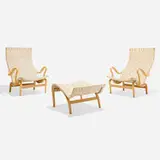 Bruno Mathsson, Pernilla 69 lounge chairs, pair and ottoman, laminated and steam-bent beech, canvas webbing