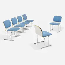 Yrjö Kukkapuro, Dining chairs, set of six, c. 1980, upholstery, painted plywood, chrome-plated steel, plastic