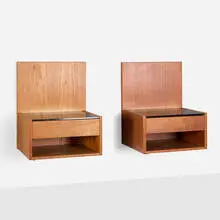 Hans J. Wegner, Wall-mounted nightstands, pair, c. 1960, teak, Vitrolite
