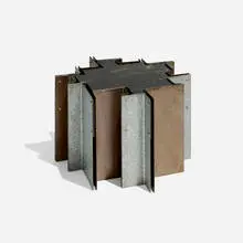 Esko Pajamies, Occasional table from Rautaruukki Headquarters, Helsinki, c. 1970, galvanized steel, steel, leather
